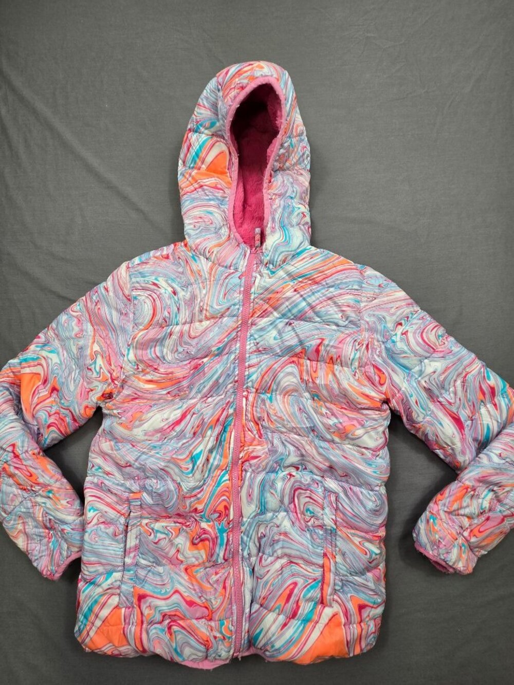 Lands End XXL Girls Reversible Hooded Jacket Pink/Marbled Reversible Faux Fur